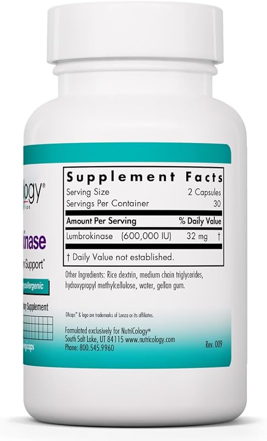 Nutricology Lumbrokinase Supplement - Circulatory System Support Supports Blood Circulation Already in The Normal Range - 60 Delayed Release Vegetarian Capsules