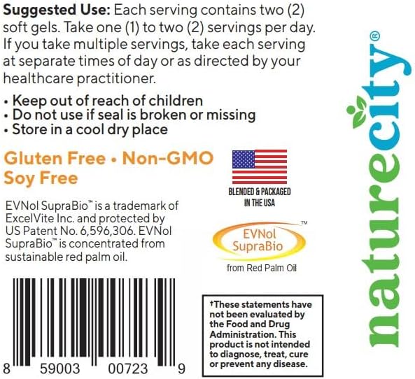 NatureCity True-E Full Spectrum Tocotrienols Vitamin E &amp Natural Alpha Tocopherol Supplement | Sustainable Tocotrienols from Evnol Suprabio | Non-GMO Vitamin E Complex | 120 Soft gels