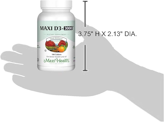 Maxi Health Vitamin D3 3000 IU 75 mcg Vitamin D Supplement for Healthy Bones Teeth Immune Support - VIT D3 Supplement Easy to Swallow Non-GMO Supplement for Men and Women – Kosher (180 Tablets)