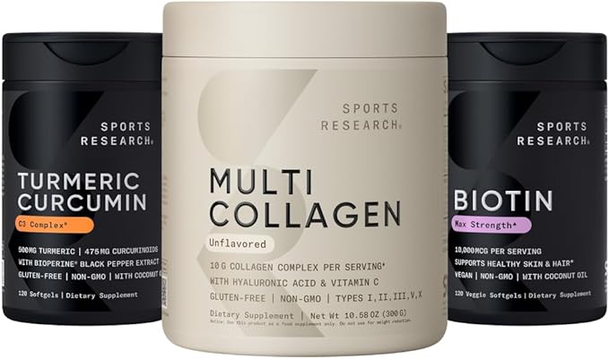 Sports Research® Joint and Bones Pack - Collagen Peptides with Hyaluronic Acid &amp Vitamin C + Turmeric Curcumin C3 Complex w/BioPerine Black Pepper Extract + Vitamin D3 + K2 w/Coconut Oil
