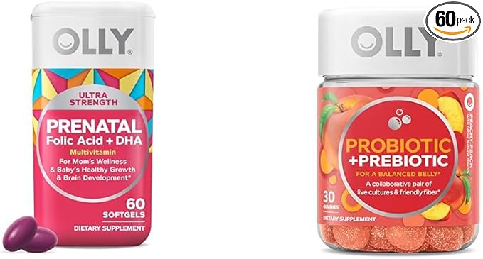 OLLY Ultra Strength Prenatal Multivitamin Softgels Supports Healthy Growth Brain Development &amp Probiotic + Prebiotic Gummy Digestive Support and Gut Health 500 Million CFUs Fiber
