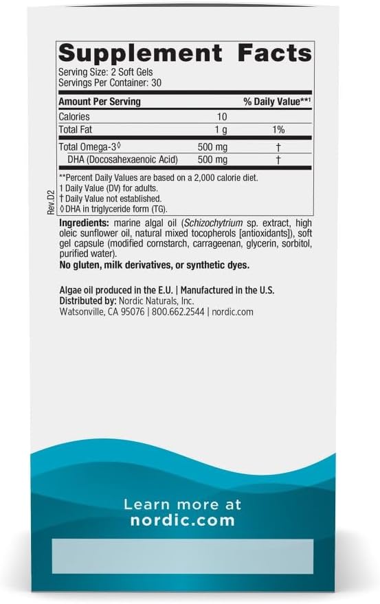 Nordic Naturals Algae DHA - 60 Soft Gels - 500 mg Omega-3 DHA - Certified Vegan Algae Oil - Plant-Based DHA - Brain Eye &amp Nervous System Support - Non-GMO - 30 Servings