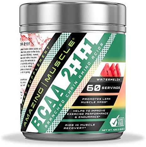 Amazing Muscle BCAA 2:1:1 Branched Chain Amino Acids Supplement | 6000 Mg Per Serving | 60 Servings | Watermelon Flavor