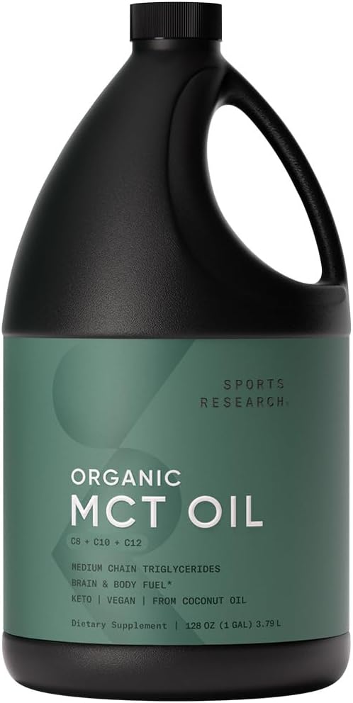 Sports Research® Organic MCT Oil 128oz - Keto Fuel for Body &amp Brain - Vegan Certified · Non-GMO ­· Gluten Free - Unflavored Coconut Oil Includes Pump Spout