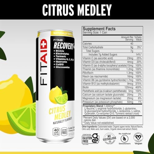 FITAID Recovery Post-Workout Drink Variety Pack Mix of Creatine Caffeine Free and Zero Sugar Nautrally Sweetened 100% Clean Vegan Keto-Friendly 4 Flavors (Pack of 24) - Packaging May Vary