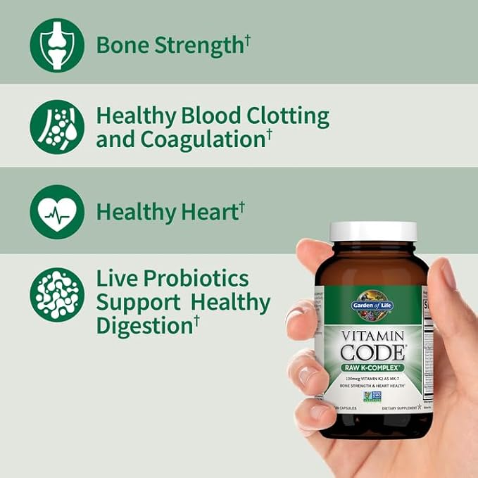 Garden of Life Vitamin K2 and K1 Vitamin Code Vegan K Complex Vitamin for Bone Strength and Heart Health Omega Rich Flax Seed Oil Trace Minerals Probiotics 60 Day Supply