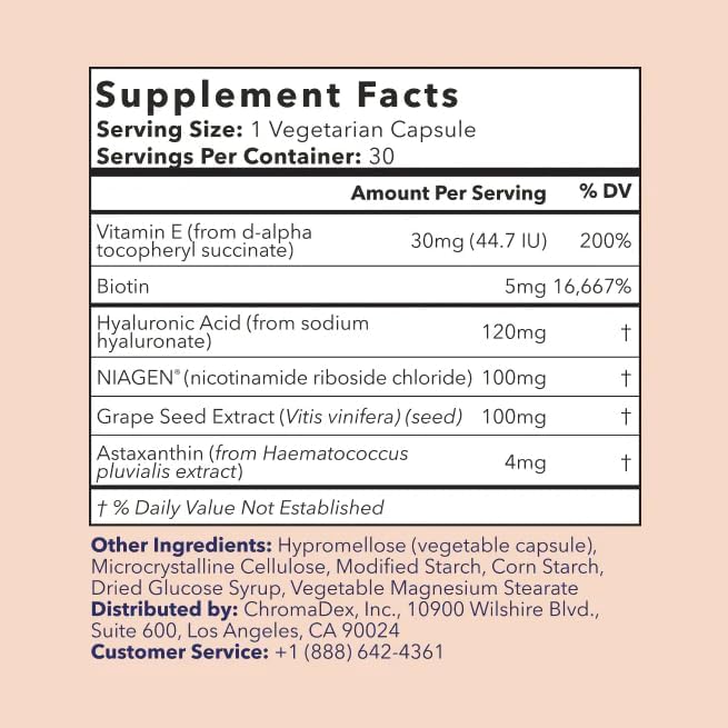TRU NIAGEN BEAUTY NAD+ for Hair Skin &amp Nails | Contains Niagen® Astaxanthin Hyaluronic Acid Biotin | Supports Skin Elasticity &amp Moisture Retention | Daily Supplements for Men &amp Women |
