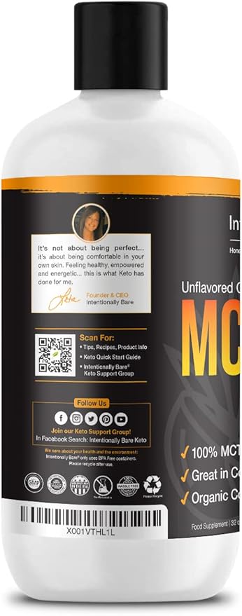 Intentionally Bare MCT Oil - Coconut Oil with 99.2% C8 and 0.8% C10 for Clean Energy Brain Health &amp Focus - MCT Oil C8 for Keto Paleo &amp Vegan Diet - Unflavored Coconut MCT for Coffee &amp S