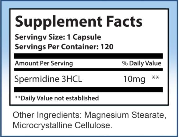 Pure Spermidine Supplement with Trihydrochloride 3HCL 10mg - 120 Capsules - Spermidine Supplements for Women for Brain Vitality Cell Repair Anti Aging Supplement for Men Longevity Supplements