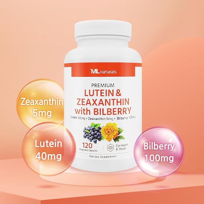 ML Naturals Lutein &amp Zeaxanthin with Bilberry – 40mg Lutein 5mg Zeaxanthin &amp 100mg Bilberry (Per Serving) – 120 Vegetable Capsules – Supports Eye Health &amp Vision