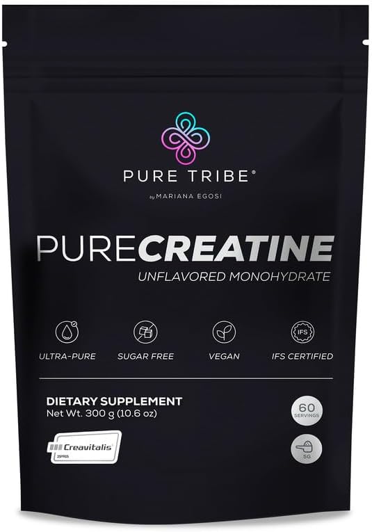 PURE TRIBE PureCreatine – Micronized Creatine Monohydrate Powered by Creavitalis – Unflavored Creatine Monohydrate Powder for Energy &amp Recovery – No Bloating Easy Digestion – 5g per Scoop 300g