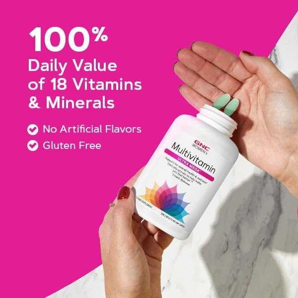 GNC Women’s Ultra Mega Multivitamin Caplets Clinically Proven to Feel Better Immune Support Vitamin A B C D Iron Biotin Beauty Gluten Free Timed Release 90 ct 45 svgs