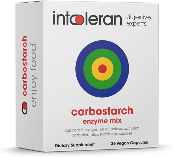 Intoleran Carbostarch Digestive Enzymes - 36 Capsules | Helps Digest Starch Sucrose Lactose and Complex carbohydrates | FODMAP Intolerance | Highly Dosed Supplement | Pure &amp Vegan