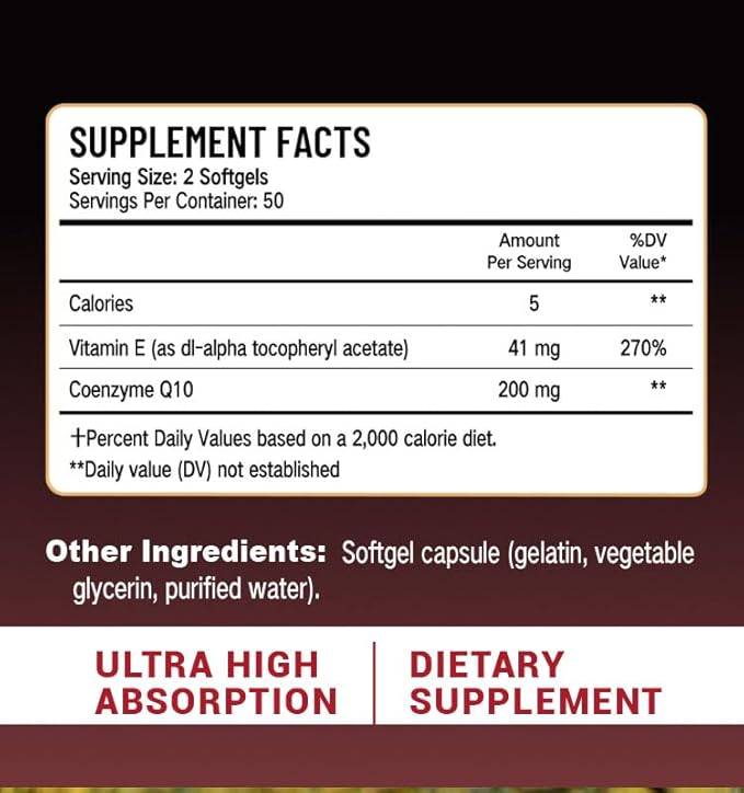 CoQ10 200mg Softgels with Vitamin E–High Absorption Coenzyme Q10 Supplement for Heart Health&ampCellular Energy Support Non-GMO Gluten-Free 100 Softgels