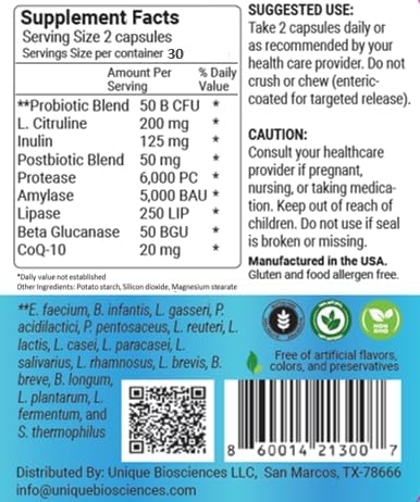 UniqueGut™ Probiotics – 17-Strain Advanced Formula with Prebiotics Postbiotics Digestive Support &amp CoQ-10