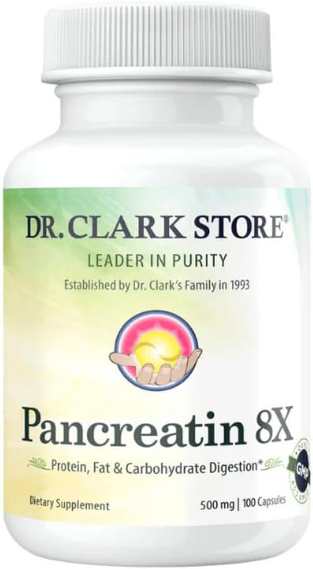 Dr. Clark Pancreatin 8X Enzyme Supplement 500mg | Several Digestive Aids Formulas Promotes Proteins Fat | Carbohydrates Healthy Supports Optimal Digestion - 100 Gelatin Capsules