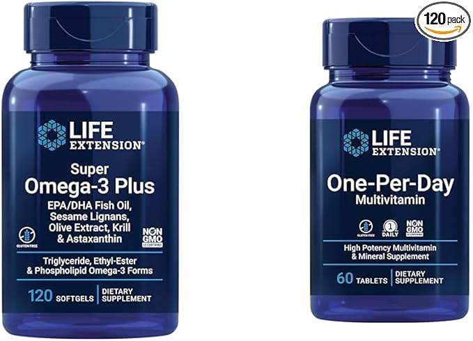 Life Extension Super Omega-3 Plus EPA/DHA Fish Oil Sesame Lignans Olive Extract &amp One-Per-Day Multivitamin – Packed with Over 25 Vitamins Minerals &amp Plant