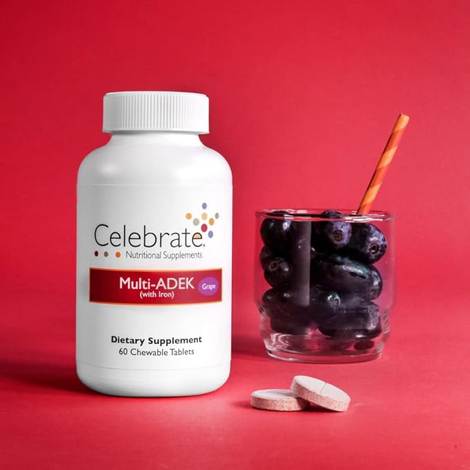 Celebrate Vitamins Multi ADEK Chewables 60mg Iron - Daily Bariatric Multivitamin Vitamins A D E K &amp B12 for Duodenal Switch Surgery Patients - Grape (60 Tablets)