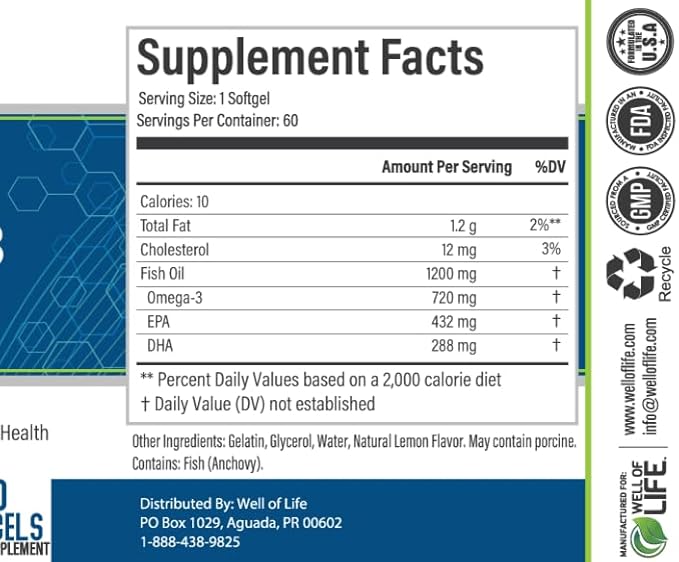 Well of Life Omega-3 Fish Oil – 60 Softgels | High EPA &amp DHA for Heart and Brain Health | Non-GMO Premium Fish Oil Supplement | Made in USA GMP Certified