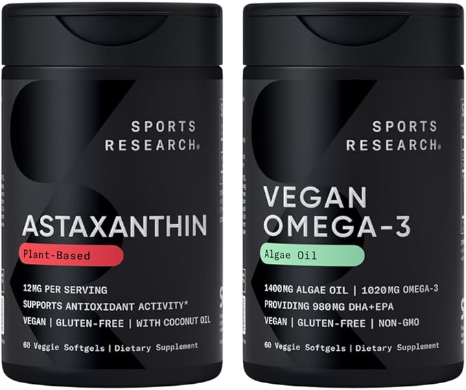 Sports Research® Vegan Antioxidant Support Pack - Omega-3 Algae Oil and Plant Based Astaxanthin Softgels for Antioxidant Activity Skin &amp Eye Health (60 Veggie Softgels Each)