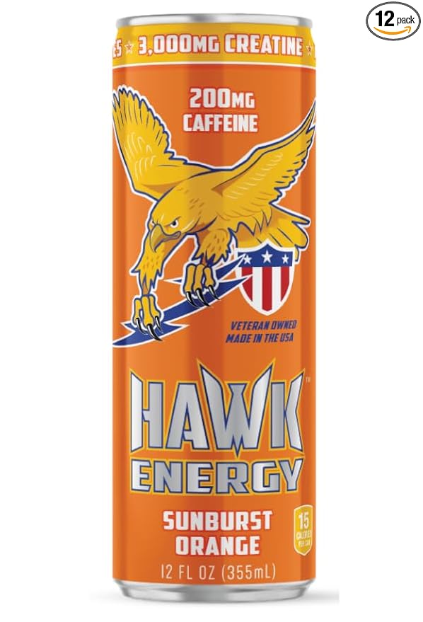HAWK ENERGY PERFORMANCE - SUNBURST ORANGE - Premium Sugar Free Energy Drink - 12 Pack - 12 oz cans - Focus and Power - 3000mg Creatine 200mg Caffeine BCAA's B6/B12 Taurine and L-Carnitine 100% Ve