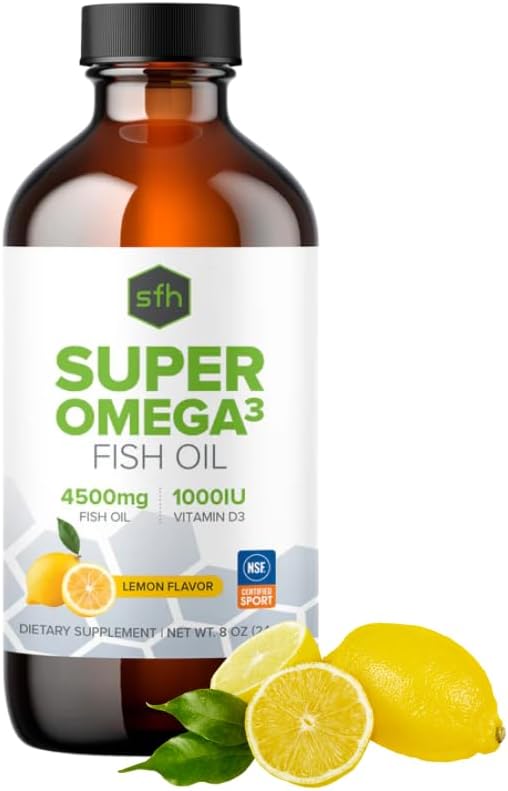SFH Omega 3 Fish Oil Liquid 3400mg |EPA &amp DHA + 1000 IU Vitamin D3 | Lemon Flavor Liquid Fish Oil Supplement | Sustainably Sourced Alaskan Pollock | 8 fl oz