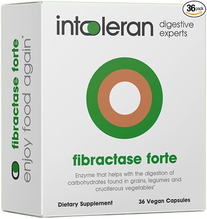 Intoleran Fibractase 1200 Digestive Enzymes - 36 Capsules | Supplement for Fructans &amp Galactans Intolerance | Helps Digest Carbohydrates Grains Legumes Onion Garlic &amp wheats | Pure and Veg