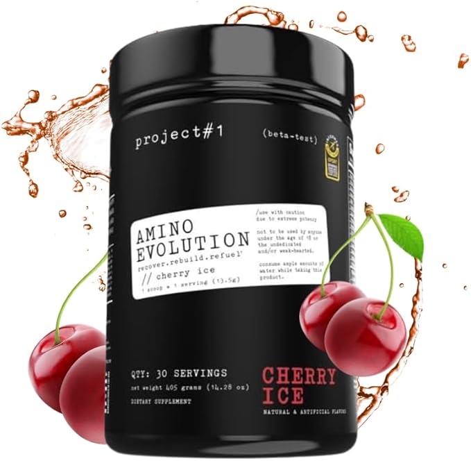 Project #1 AminoEVolution: Muscle Support &amp Recovery | BCAA's EAA's Electrolytes Powder | Keto-Friendly Energy Boost | Pre Workout for Men &amp Women | 30 Servings - Cherry Ice | Amino Acids