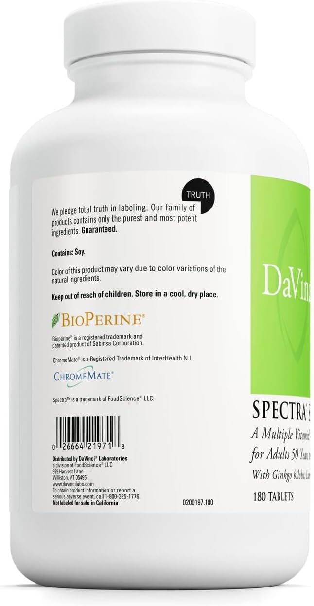 DAVINCI Labs Spectra Senior - Dietary Supplement for Cardiovascular Ocular and Antioxidant Support - with Vitamins Minerals Coenzyme Q10 Ginkgo Biloba Bilberry Extract and More - 180 Capsules