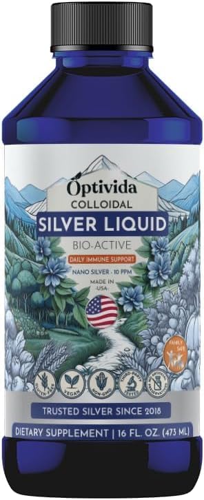 Optivida Colloidal Silver Liquid - 10 PPM Liquid Silver Immune Support Pure Nano Silver Hydrosol Liquid for Family Wellness - Natural Silver Water for Adults &amp Kids Non-GMO 3rd Party Tested - 1