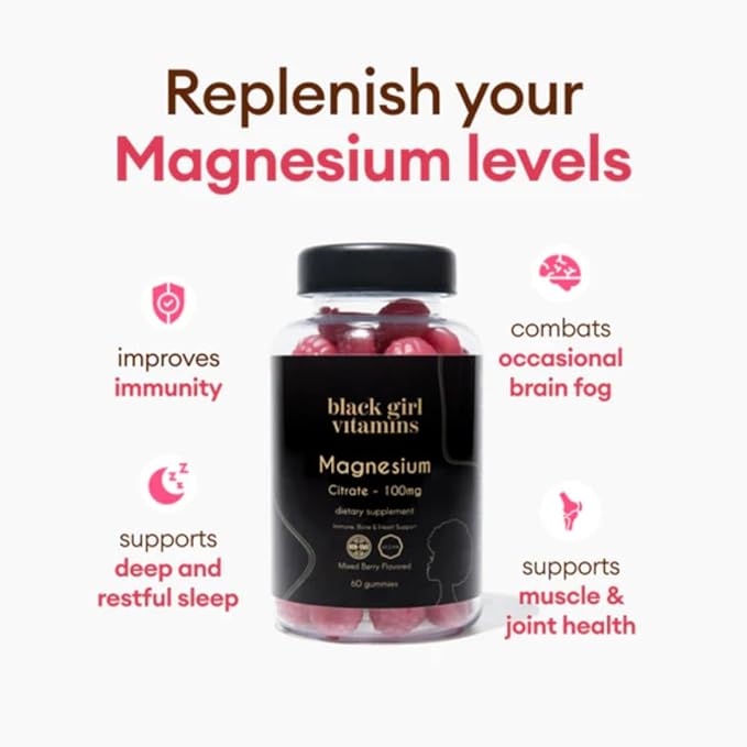 Black Girl Vitamins - Magnesium Gummies for Sleep Immunity and Bone Support. Magnesium Citrate Supplement with (100mg) per Serving Gluten-Free (Mixed Berry). 60ct