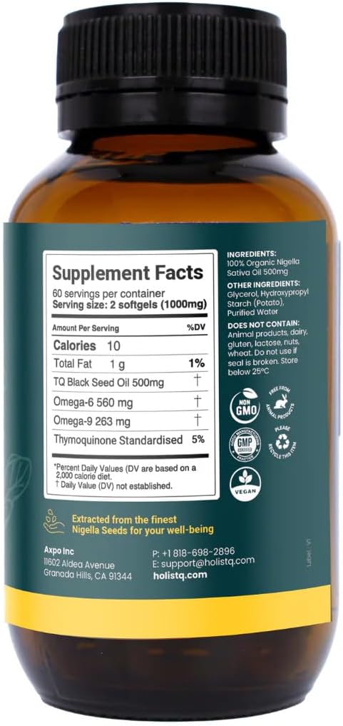 Black Seed Oil Organic Cold Pressed Capsules | 5% Thymoquinone | Non-GMO &amp Vegan | Nigella Sativa Black Cumin Seed Oil Omega 3 6 9 Adult Wellness Support - 120 Softgels 2 Months Supply