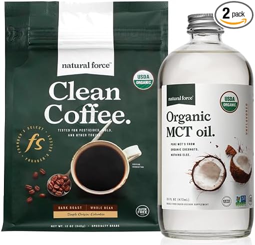 Natural Force Organic Dark Roast Clean Coffee + Organic MCT Oil Bundle – 100% Pure Coconut MCTs &amp Mold &amp Mycotoxin Free Coffee – Non-GMO Keto Paleo and Vegan - 12 Oz and 16 Oz