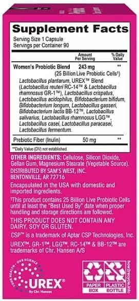 Member's Women's Daily Probiotic Capsules 25 Billion Cells Vegetarian Probiotics for Digestive Health (90 ct.) with Taha Sticker