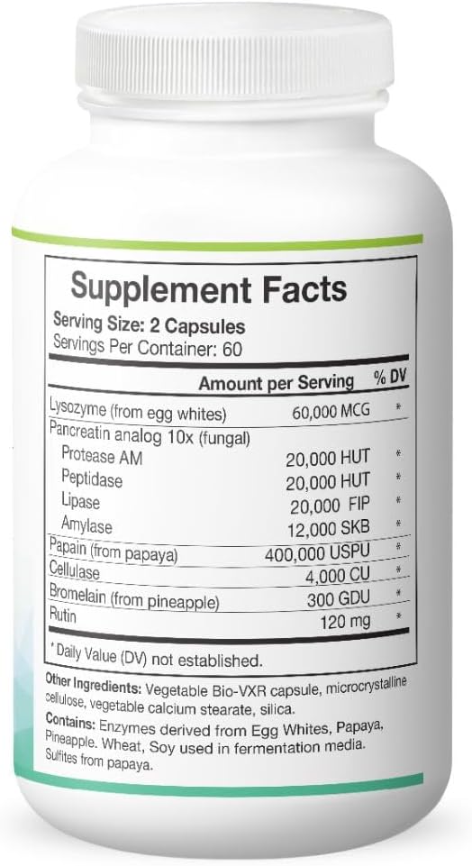 Lysozyme Plus Systemic Enzyme Complex - Broad Spectrum &amp Highly Active Vegetarian Enzymes - Supports Gut Health Fibrin &amp Inflammation Control - 120 Capsules