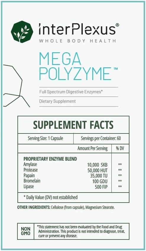 InterPlexus Mega-Polyzyme - Full Spectrum Vegetarian Digestive Enzymes with Bromelain for Gastrointestinal Support - Gluten Free Dairy Free Soy Free - 60 Capsules (60 Servings)