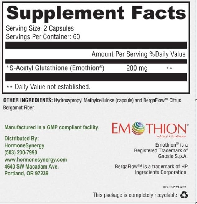 RetzlerRx S-Acetyl Glutathione Supplement 100 mg. per Capsule Made in USA - 120 Acid-Resistant Capsules - Antioxidant Support - Non-GMO Soy &amp Gluten-Free / Bergaflow® Pharmaceutical Grade