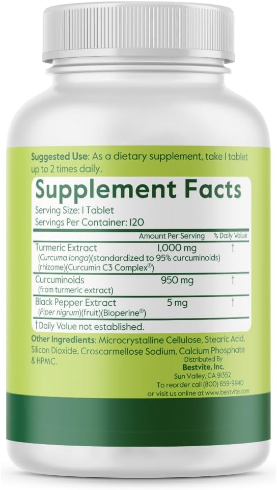 BESTVITE Curcumin 1000mg per Tablet (Turmeric Extract)(120 Tablets) Featuring Clinically Studied Curcumin C3 Complex® &amp BioPerine® - Standardized to 95% Curcuminoids - Vegan - Non GMO - Gluten Fre
