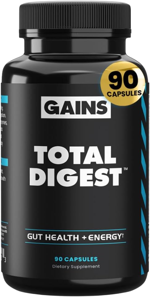 Gains in Bulk Total Digest Digestive Enzymes Prebiotics and Probiotics for Digestive Health Bloating Support Gut Health for Women and Men Promotes Protein Carb and Fat Digestion 90 Capsules