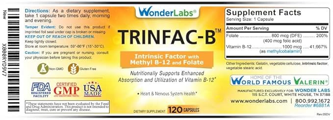 Wonder Laboratories Intrinsic Factor with Folic Acid and Vitamin B-12 1000mcg - 120 Capsules