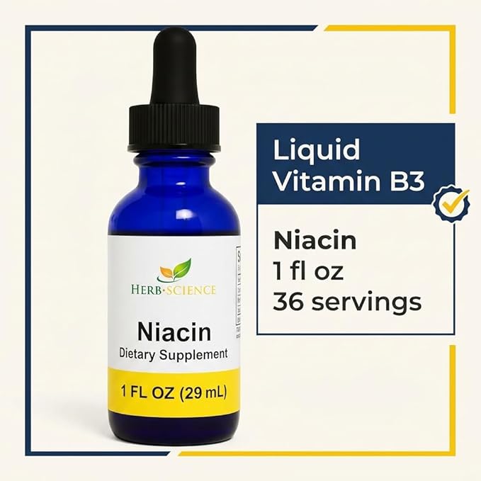 Liquid Vitamin B3 (Niacin) Drops 1 fl oz (36 Servings) – Liquid Niacin Supplement for Cellular Energy &amp Metabolism Support Alcohol-Free Cobalt Blue Glass Bottle