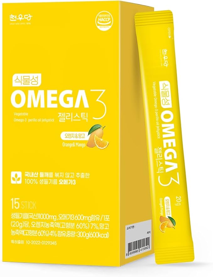 Chunwoodang Plant-Based Omega-3 Jelly Stick with Korean Perilla Oil (0.7 oz x 15 Sticks) (0.7 oz x 15 Sticks Orange&ampMango)