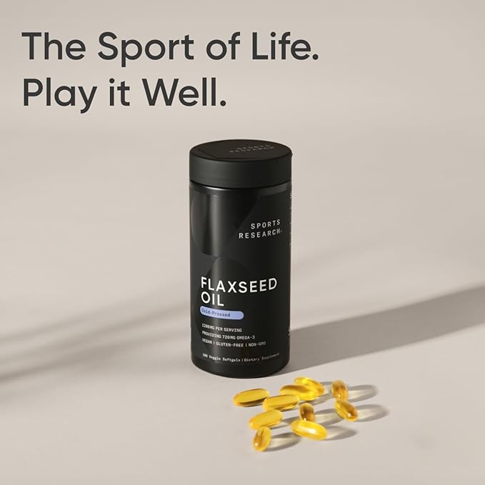 Sports Research Vegan Flaxseed Oil (1200mg) Herbal Supplement with Plant-Based ALA Omega 3 - Vegan Certified &amp Non-GMO Verified - Gluten Soy &amp Carrageenan Free (180 Veggie Softgels)
