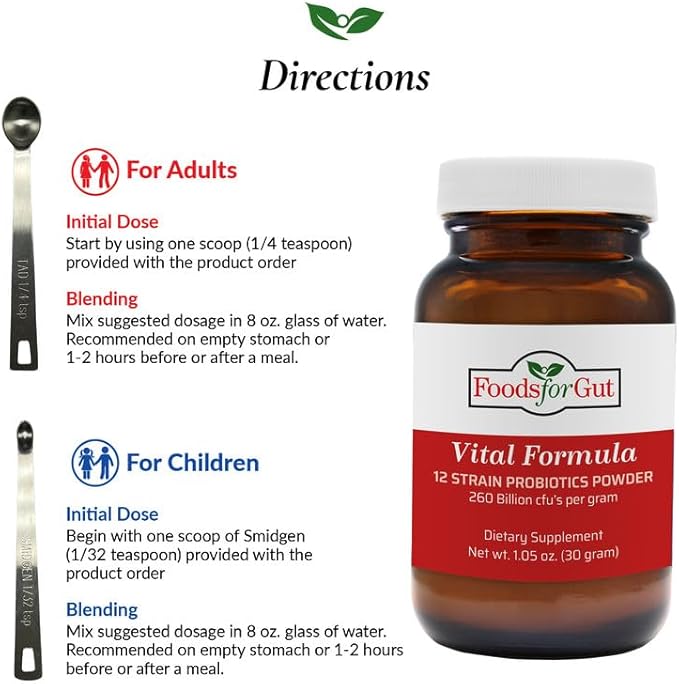 Foods For Gut Vital Formula 12 Strain Probiotics Powder 260 Billion CFU | Made in USA | Digestive &amp Immune Support | High Potency | 30 Grams (1.05 Oz)