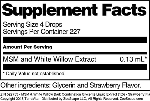 MSM &amp White Willow Bark Combination Glycerite Liquid Extract (1:5) - Strawberry Flavored (1 oz ZIN: 522753)