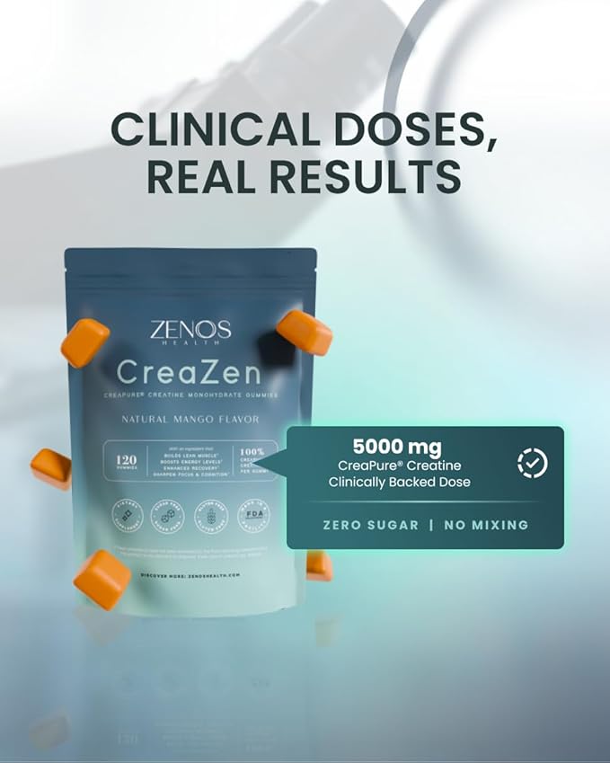 Zenos Health CreaZen - Creatine Monohydrate Gummies - Creatine Supplement for Muscle Growth Strength Recovery &amp ATP Boost Preworkout Supplements - Made in USA Mango Flavor - 120 Count