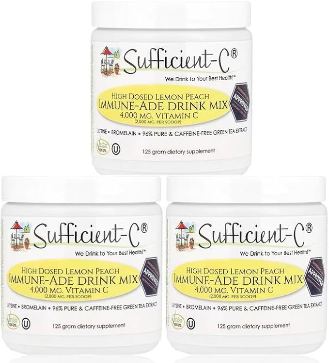 Sufficient-C High Dose Vitamin C Lemon Peach Immune-Ade Drink Mix - 125 gram Three (3) Pack