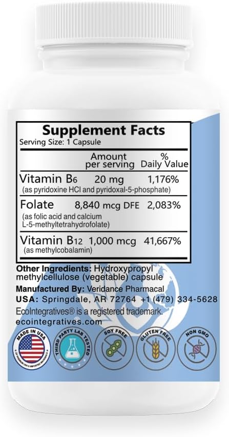 B6 Complex Vegan Vitamin B6 B9 Folate B12 Methylcobalamin Supports Cardiovascular Neuromuscular Nervous System Homocysteine Energy Blood Cell &amp Bone Health 100 Caps