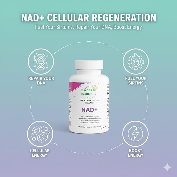 Bordin Health+ Premium NAD+ Cell Regeneration with Quercetin &amp Resveratrol 500mg | Advanced Anti-Aging &amp Vitality Supplement | Cellular Repair &amp Cardiovascular Support | 60 Vegan Capsules