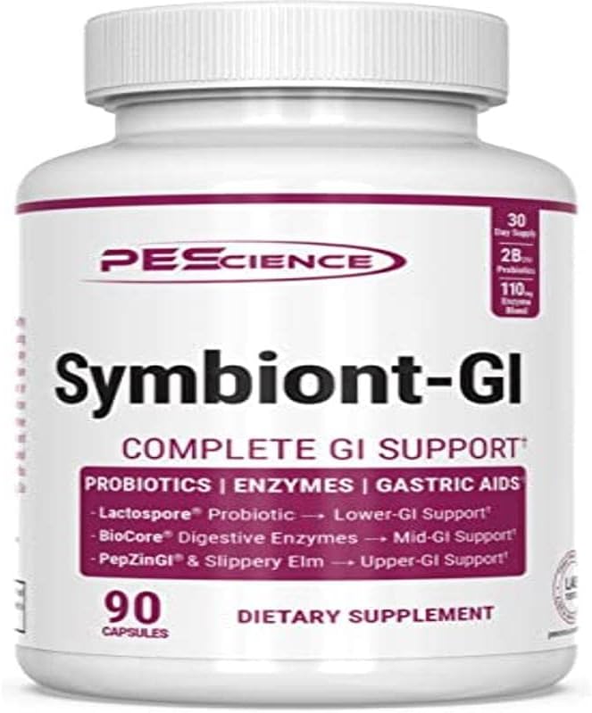 PEScience Symbiont-GI Gut Health Capsules with Zinc Carnosine Pepzin GI Shelf Stable Probiotic Digestive Enzymes Slippery Elm Bark 30 Day Supply 90 Capsules